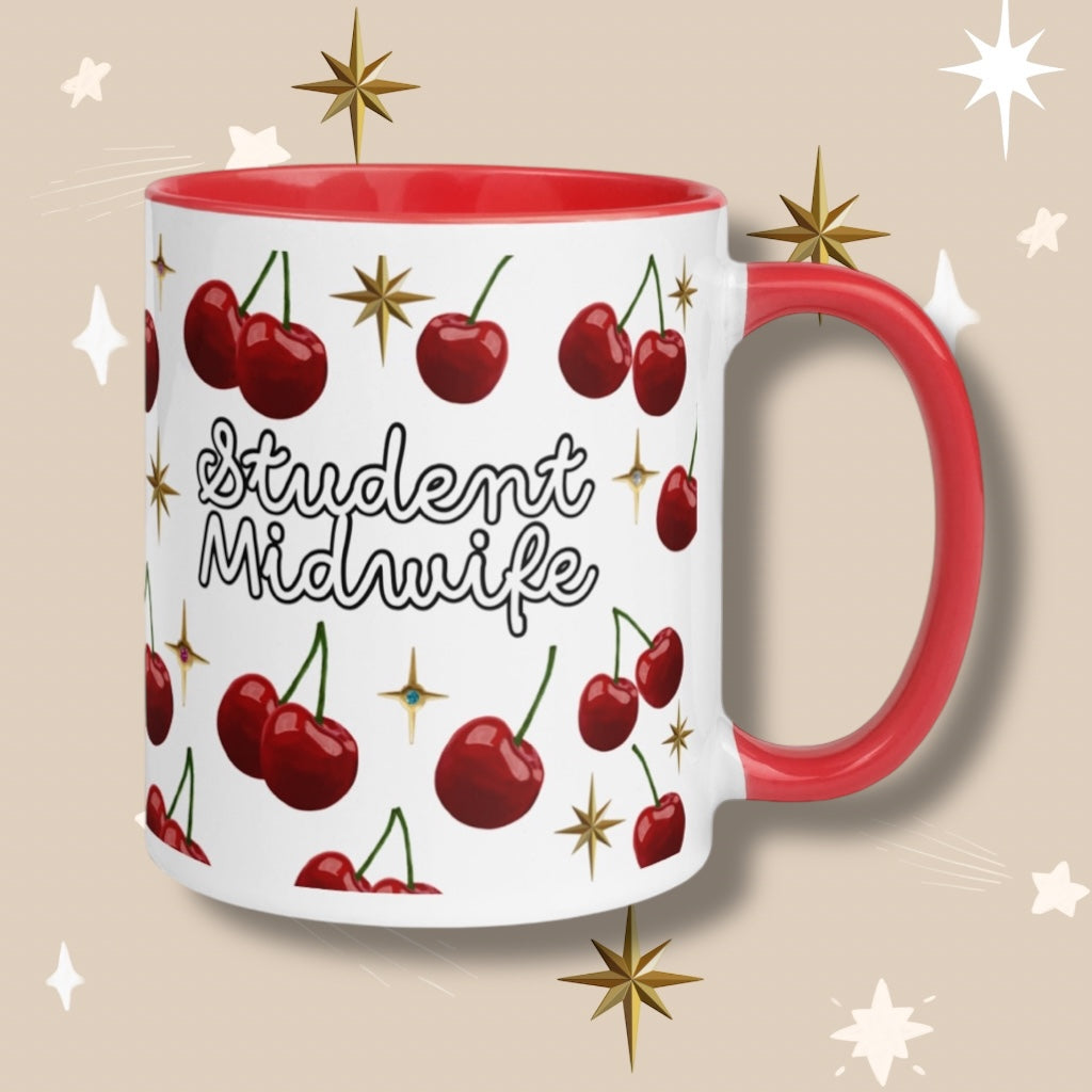 Student Midwife Cherries & Stars Mug with Red Details