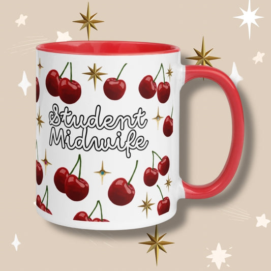 Student Midwife Cherries & Stars Mug with Red Details