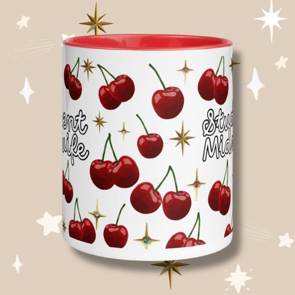 Student Midwife Cherries & Stars Mug with Red Details