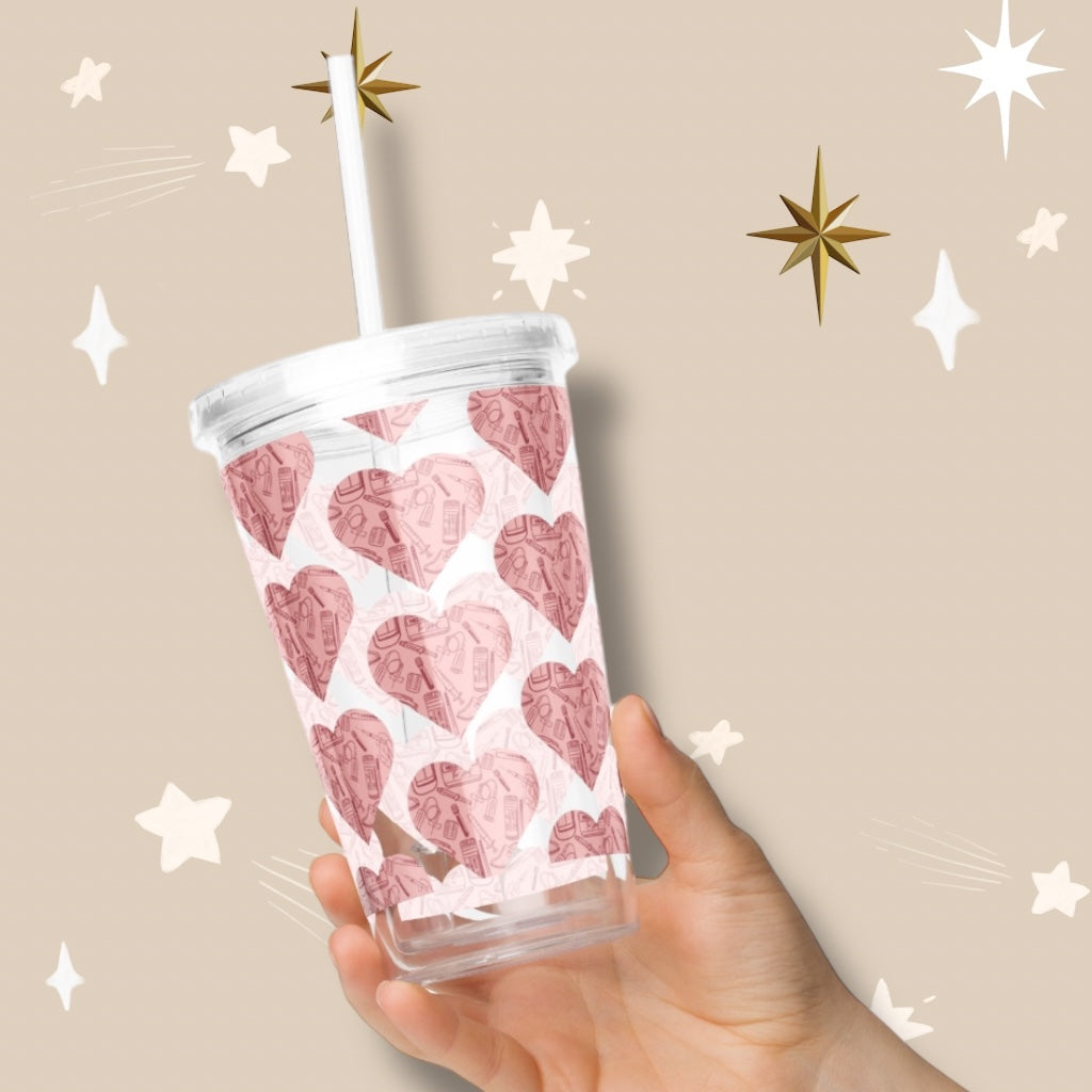 Nursing Pink/Red Sketches Heart Plastic Tumbler with Straw